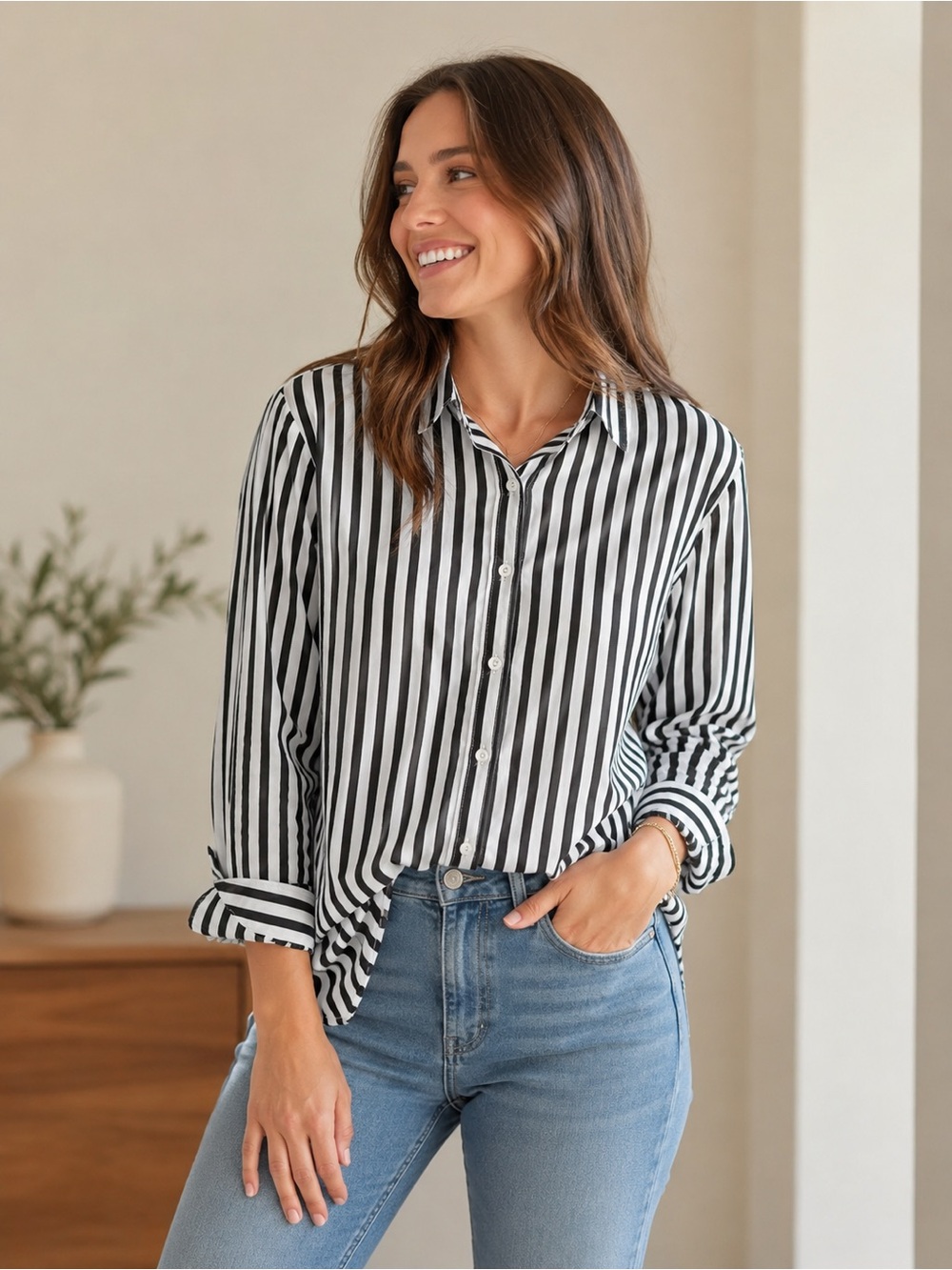 Jane + Delancey Vertical Stripe Button Down Shirt Women XL Black White